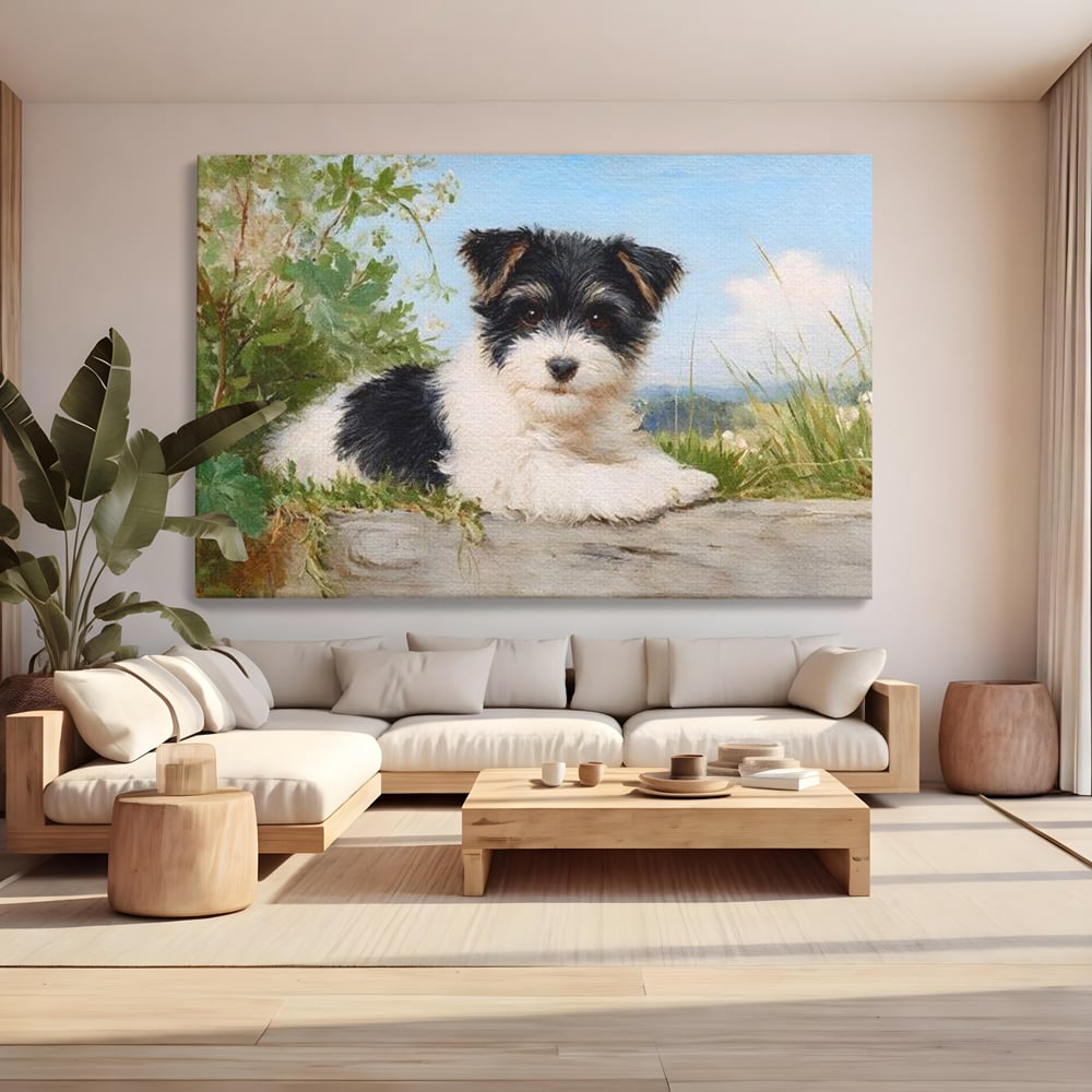 Tablou canvas cu tablou canvas cu pui de caine, fara rama, pe sasiu de lemn, pe perete intr-un living